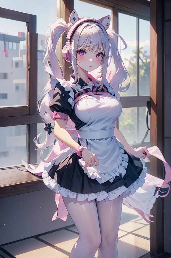 1girl, solo, long hair, small breasts, looking at viewer, blush, bangs, thighhighs, nude, bow, animal ears, very long hair, tail, grey hair, heart, frills, one eye closed, puffy sleeves, cat ears, apron, white thighhighs, two side up, puffy short sleeves, cat tail, animal ear fluff, wrist cuffs, maid, cat girl, pink dress, white apron, frilled apron, heart hands, d, cute_style, spread legs, wet leaking exposed pussy