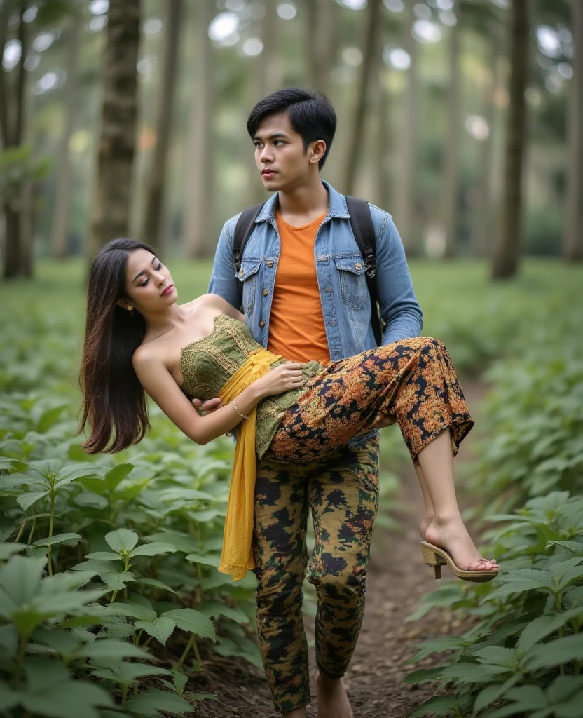 A young Indonesian man wearing a denim jacket, orange tee, army cargo pants, and carrying a black backpack is walking through a dense forest while carrying in his arms a young Javanese princess, around 25 years old, with a sweet and traditional beauty. She is unconscious, eyes closed, dressed in a simple green strapless kemben made of raw fabric adorned with subtle gold ornaments, a yellow waistcloth, and a batik jarik wrapped around her slender legs. The forest is thick with tall trees and dense undergrowth, with bushes and vines partially blocking his path, creating a sense of struggle and determination. Realistic photo, looking side, serious expressions, diagonal angle, dynamic composition