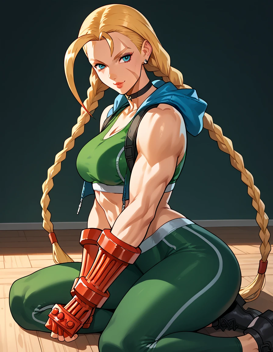 score_9, score_8_up, score_7_up, rating_questionable, epiCPhoto, 1 girl, very sexy (cammySDXL, blonde hair, long hair, double braids, scar on face: 1.1), beautiful waifu, yoga pants, dark green yoga pants, at the gym, long legs, thick, alone, cute, flirting, looking, hooded eyes, head tilt, makeup, photoshoot, close up, smile