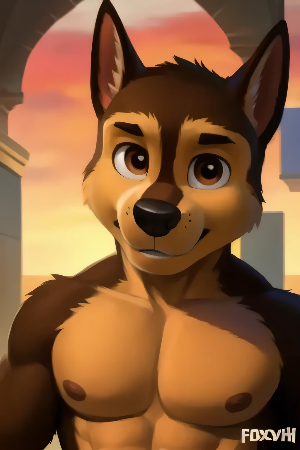 Chase smirking as he is exposing his body to the POV viewer, detailed fluffy fur texture, impasto impressionism, (by foxovh, ross tran, michael garmash, pino daeni, iskra), detailed eyes, highly detailed pupils, solo, furry, anthro, chase-pp, domestic dog, male, brown eyes, brown fur, light brown body, fur body, detailed fluffy fur texture, curvy, 1boy, muscular, detailed muscles, large and big pecs