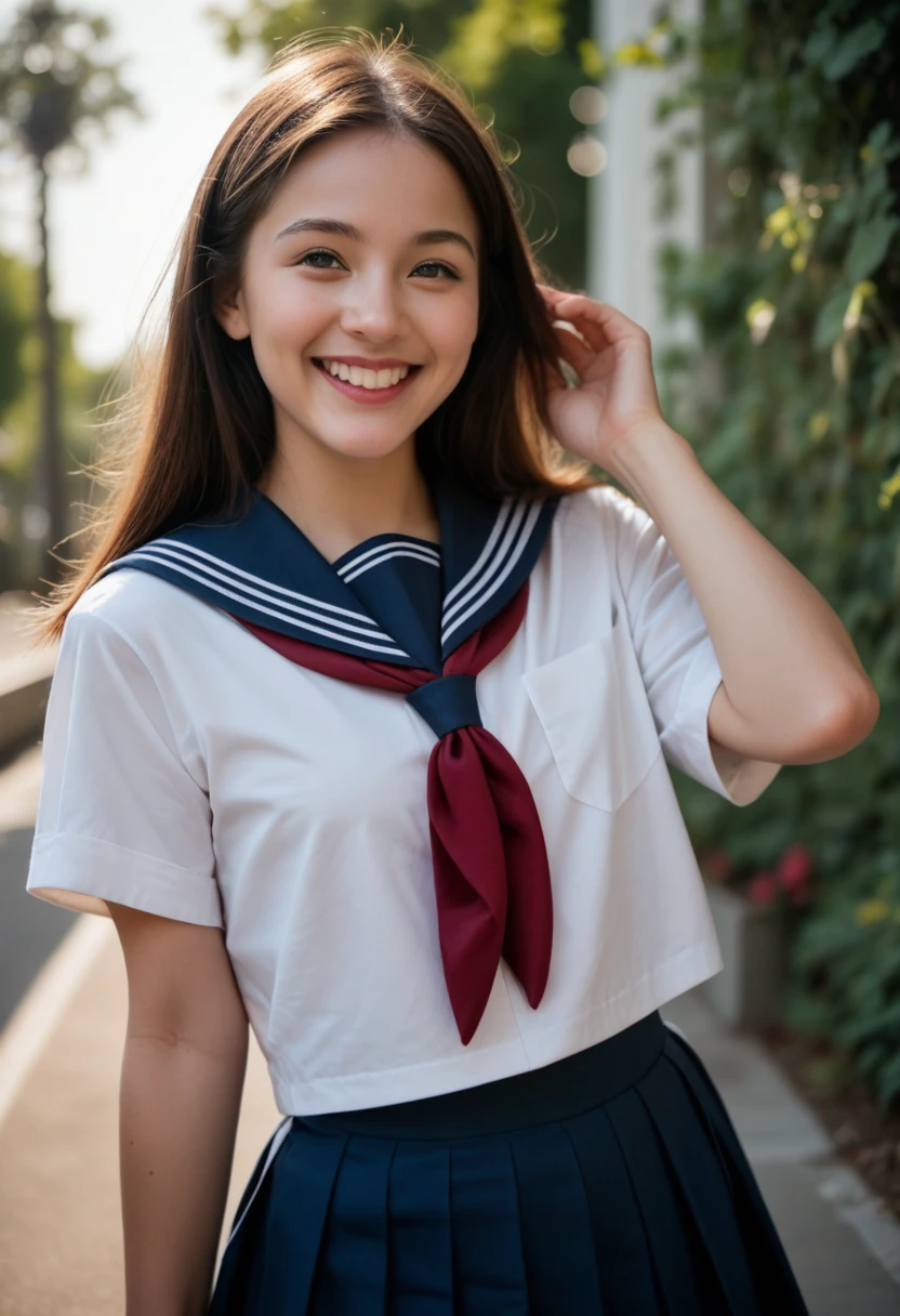 neat college girl, (school uniform, sailor uniform, ribbon tied at chest, summer uniform, upper body white, skirt is dark blue), outside the athletic field, (slim), photorealistic, detail, skin texture, ultra detail, delicate sexy collarbone, smile, super detailed face, detailed lips, detailed eyes, small breasts, small breasts, small, small, flat breasts, breast emphasis