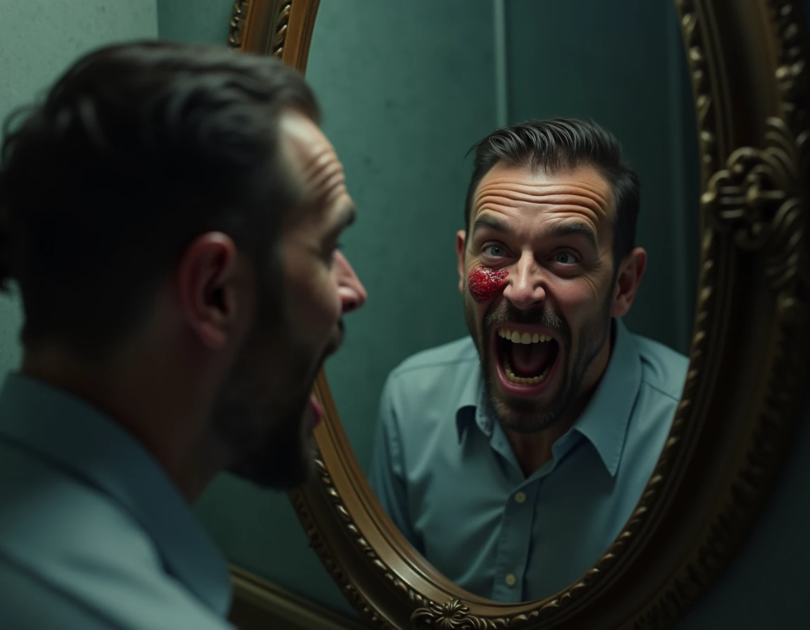 A man whith a jacket is standing infront of a bathrooom mirror.his reflection has blood dripping from his handshis face has a confusion