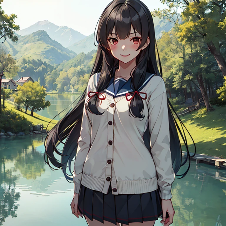 isokaze_kantaicollection
black_hair, long_hair, red_eyes, 
(masterpiece,best quality,ultra detailed,hyper detailed,exquisite,beautiful:1.4),(art CG, 8K),1girl solo,KonishiCSA,blush,smile,(standing:1.4),
school uniform, cardigan,(Tranquil Lake:1.4)

