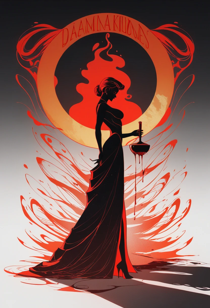 Una imagen en estilo art nouveau, Surrealista y abstracto. A woman dances in a dark room lit by several candles, Su sombra reflejada en la pared tiene la forma de un demonio..