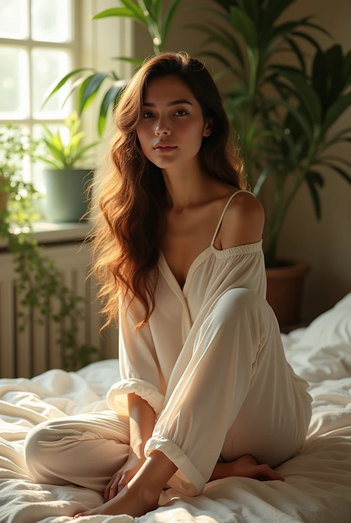 (photorealism:1.2), beautiful woman, sitting on bed, wearing loose off-shoulder top, pajama pants, long curly hair, indoors, soft lighting, plants in background, window with sunlight, cozy room, relaxed pose, realistic, intricate details, warm colors, by Greg Rutkowski, by Alphonse Mucha