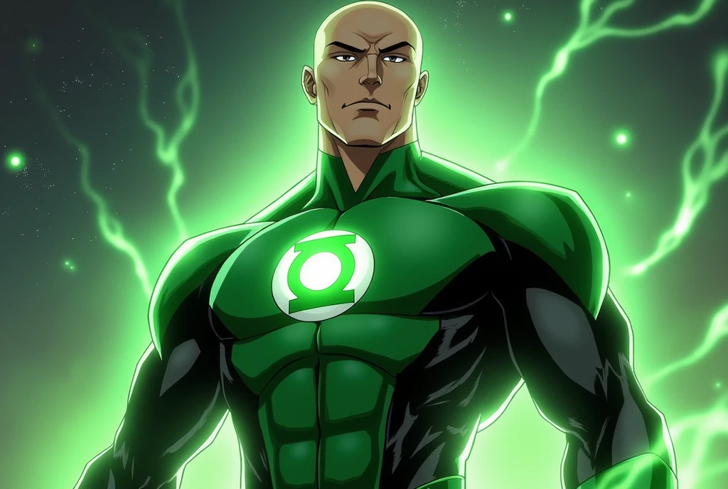 (8k, RAW photo, best quality, masterpiece: 1.2), ultra detailed, official art, photo-realistic: 1.37, upper body shot, DC Green Lantern, film grain, action pose, bald man, white beard