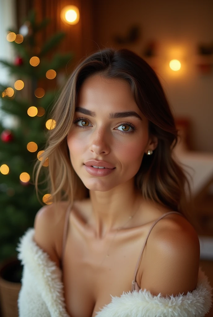 Selfie shot Beautiful brunette with blonde highlights , complete body, under a christmas tree,im abendkleid ,al fresco, wirkliches Leben nature, Highly detailed, 22 Jahre alt, Unschuldiges Gesicht, Natural wavy hair, blaue Augen, high resolution, Meisterwerk, best quality, Komplizierte hohe Detailgenauigkeit, Highly detailed, Scharfer Fokus, Detaillierter Skin, realistic skin Textur, Textur, Detaillierte Augen, Professionell, 4K, charming smile, aufgenommen mit Canon, 85mm, light depth of field, Kodak Vision Farbe, Perfectly fitting body , Extrem detailliert, Fotografie_\(Ultra\), fotorealistisch, realistisch, Nachbearbeitung, Maximale Details, Rauhigkeit, wirkliches Leben, shot on Kodak Gold 400