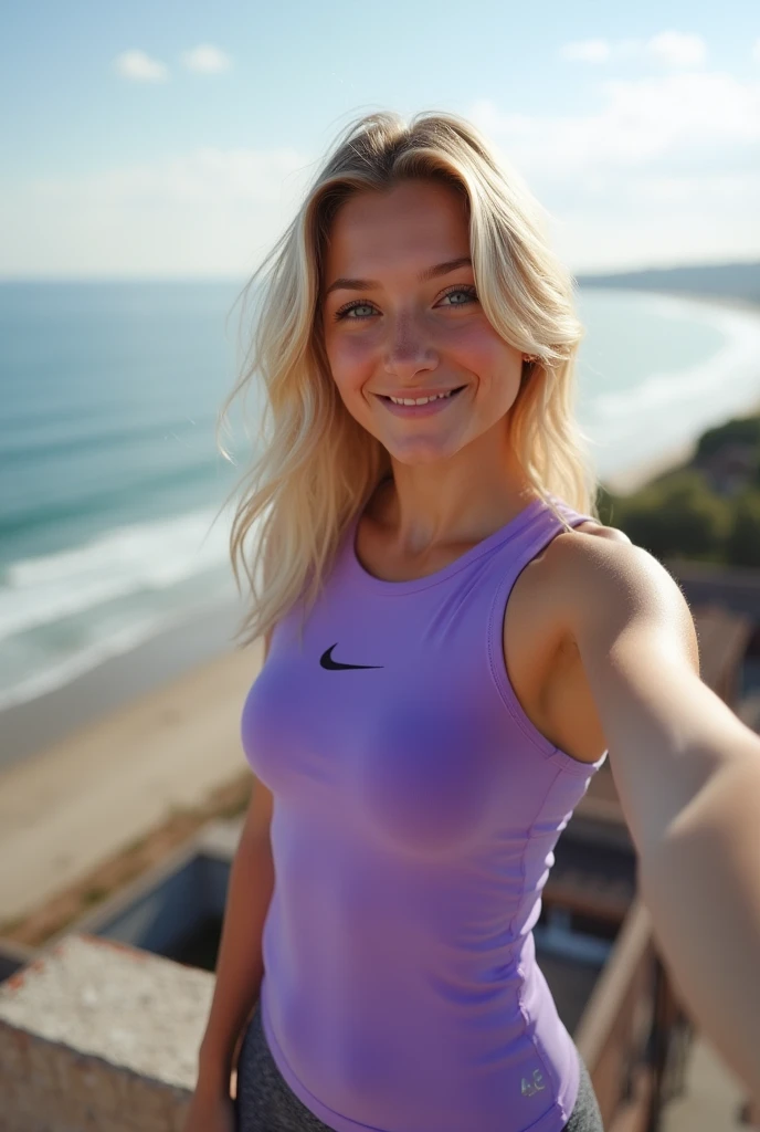 (Selfie, View from the top: 1.4), (straight half of the body: 1.4), RAW uhd photo of a 24 year old blonde (woman with light blue eyes) on the beach doing yoga, whole body , pose de yoga (), (neckleace), detaileds (texturas! , body hair! , sheen, Farbe!! , Disadvantages: 1.1), olhos brilhantes com muitos detaileds (looking at the camera), SLR Lighting, SLR Camera, ultra-quality, sharpening, Depth of field, Film grain (downtown), Fujifilm XT3, clear as crystal, frame downtown, beautiful  face, sharp focus detailed skin pores, greasy skin, sunburn, complex eye detaileds, whole body, breasts big , yoga pants, working out at the gym