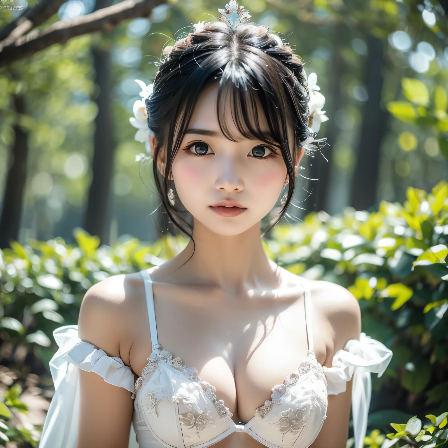 (masterpiece, best quality:1.2), 8k, Official Art, RAW photos , the front of the uniform is empty、I can see the white bra、 beautiful breasts、 ( upper body, princess your ddler:1.4), Beautiful girl, enchanting face , watch viewers, Film Grain, sharp concentration, Face Light, Dynamic Lighting, cinematic lighting, Detailed Eyes and Faces , Bokeh Background,shiny skin