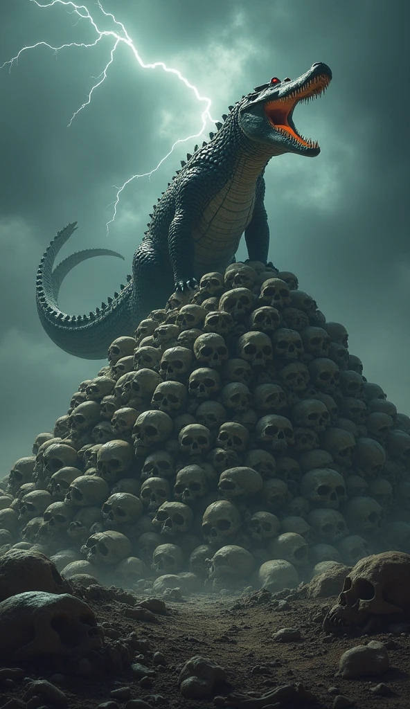 A hyper-real image of a majestic crocodile standing on top of a pile of human skulls. The scene is set against a dramatic sky and the crocodile gazes proudly into the distance. Skulls are scattered beneath the crocodile's claws, adding a sense of power and dominance to the image."