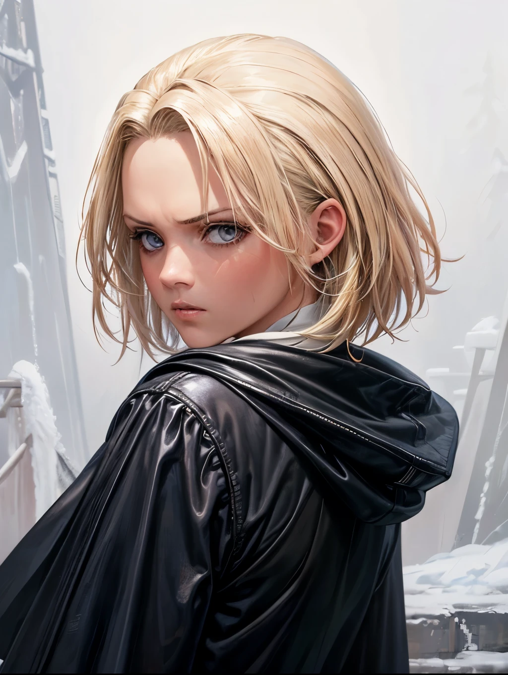 (oil painting, masterpiece, best quality, ultra detailed, focus on character), short blonde hair, ([back:0.8]|[ face facing backwards:1.1]), serious face, ([cold scenario:1.2]|[ snowy background:1.3]| [high contrast:1.1]), frankie.babe