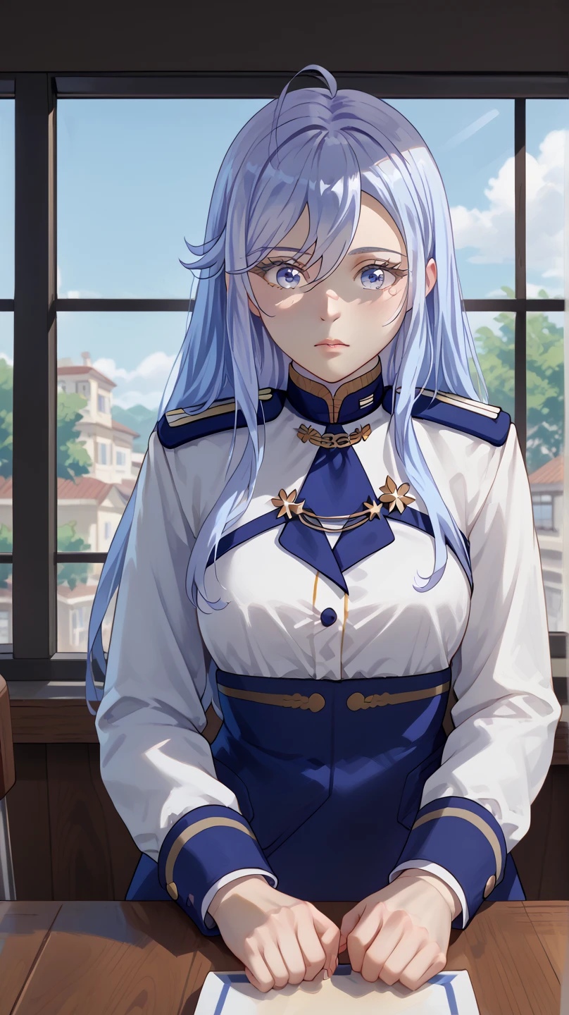 (Vladilena Milize), (Vladilena), light blue hair, blue eyes, anime style, blue and white uniform, sitting in cafe, looking through window, looks away