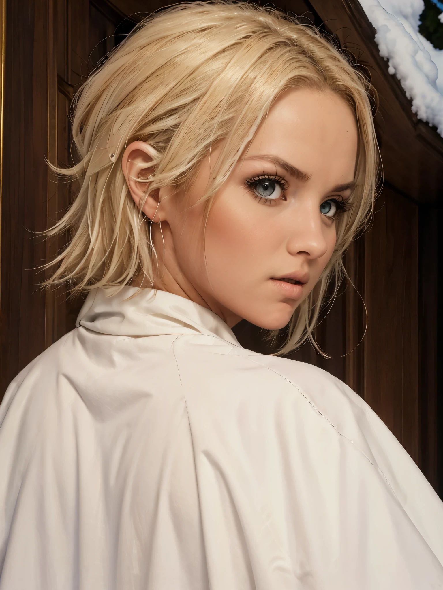 (oil painting, masterpiece, best quality, ultra detailed, focus on character), short blonde hair, ([back:0.8]|[ face facing backwards:1.1]), serious face, ([cold scenario:1.2]|[ snowy background:1.3]| [high contrast:1.1]), frankie.babe