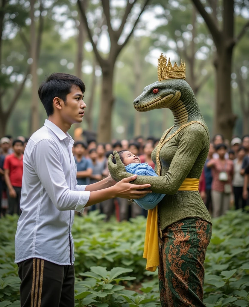 A young Indonesian man wearing a simple modern white long-sleeve shirt confronts a giant snake dressed as a queen from the ancient Javanese kingdom era, adorned in green cloth, a yellow sash, and a traditional crown. The snake is carrying a human baby wrapped in a blue silk blanket. The setting is a dense forest with towering ancient trees and underbrush covering the ground. In the background, a crowd of Indonesian villagers from various walks of life gathers, their expressions a mixture of fear, awe, and concern. The scene is intense and dynamic. Realistic photo, looking side, serious expressions, diagonal angle, dynamic composition