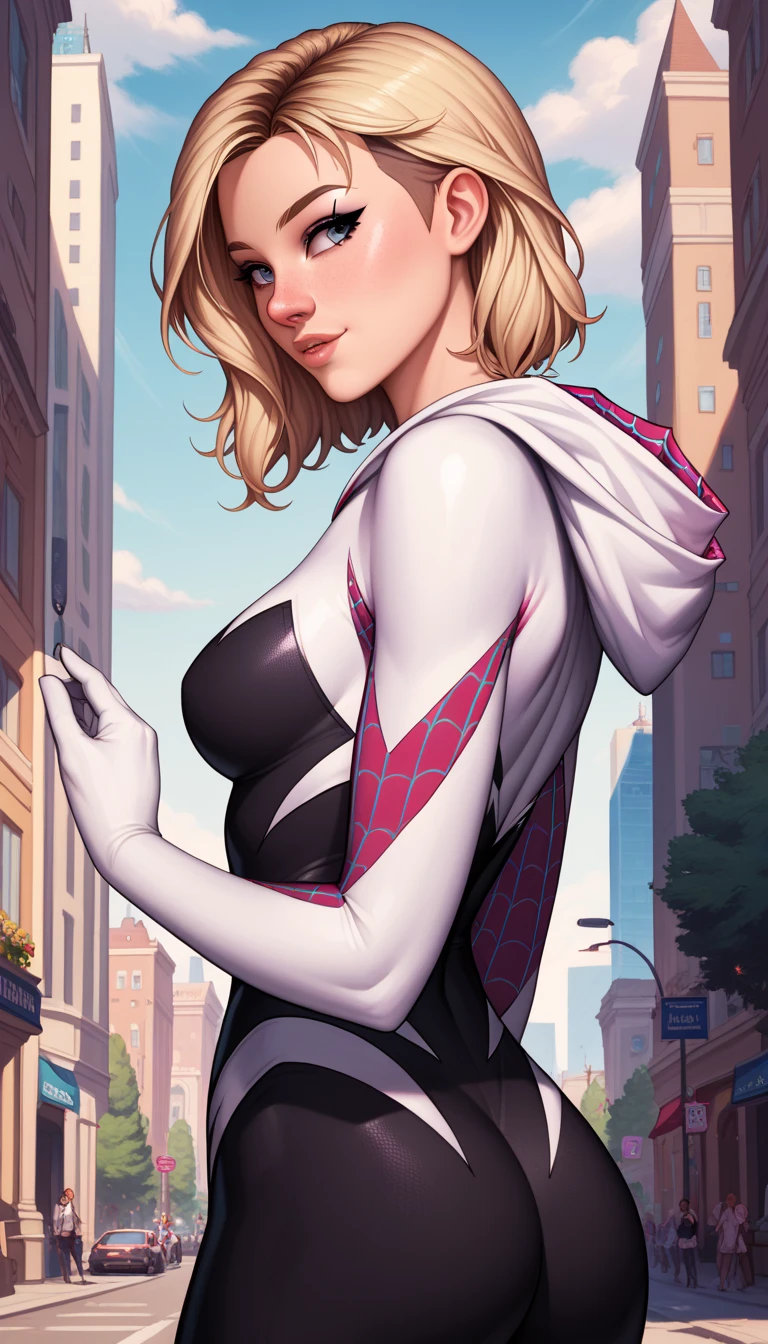 ((best quality)), (highly detailed:1.2), masterpiece, ((official art)),1girl, solo,beautiful face, symbiote,spider gwen,SVGM,hood, completely black clothing, looking to the side, body to the side, the body is to the side, she's standing, pernas abertas, bernas grossas, bunda grande, peitos grandes,