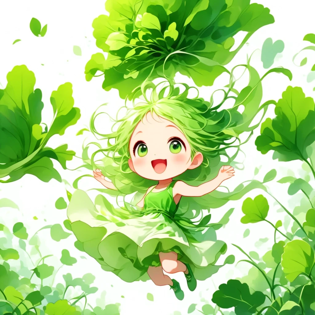 (masterpiece, best quality:1.2), Chibi cute, 1 daikon lady, solo, full body, jump into the air, Green big eyes, Green leaves long hair, bangs, pointy ears, pure white skin, wearing green camisole one-piece long dress over white short sleeve T-shirt, happy smile with open mouth