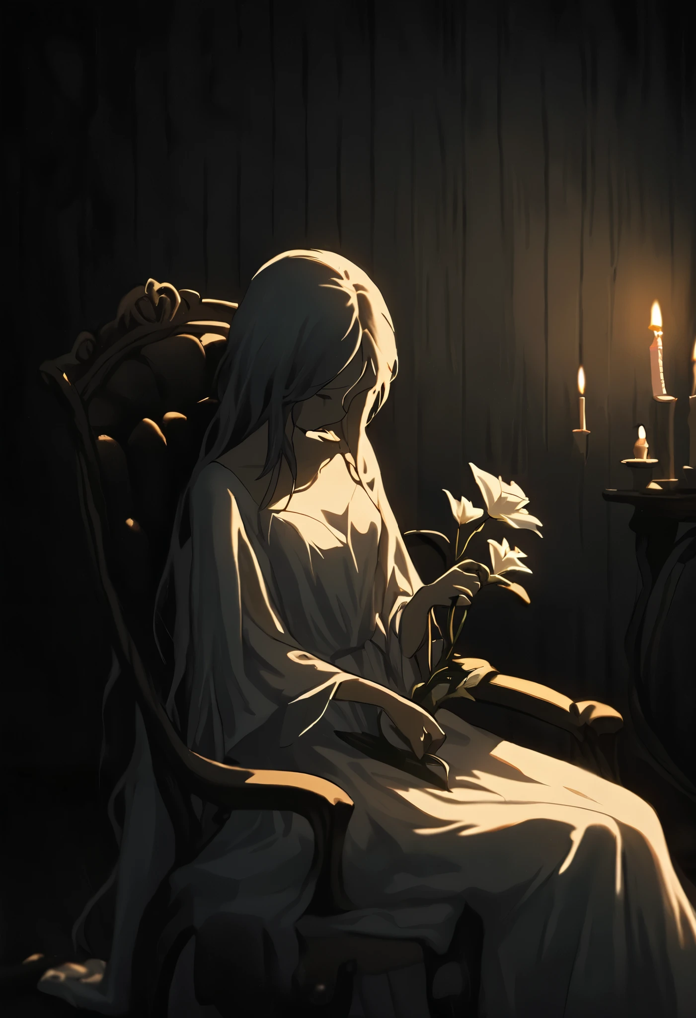 dimly lit room bathed in soft moonlight, 1woman sitting alone on a vintage chair, wearing an elegant and flowing gown, wistful and melancholic expression, delicate hands clutching a single wilting flower, faint shadows stretching across the wooden floor, ethereal and timeless atmosphere, subtle contrast of warm candlelight and cool moonlight, serene yet deeply emotional tone, cinematic and intimate composition,