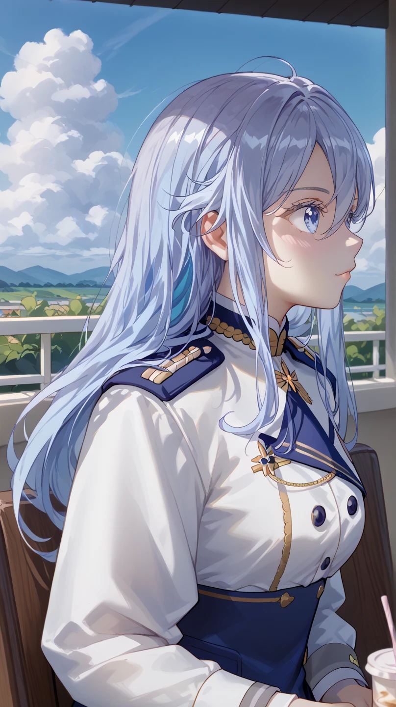 (Vladilena Milize), ((cute)), (Vladilena), light blue hair, blue eye, anime style, blue and white uniform, sitting in cafe, (looks away), close up, cloudy, supports head with hand