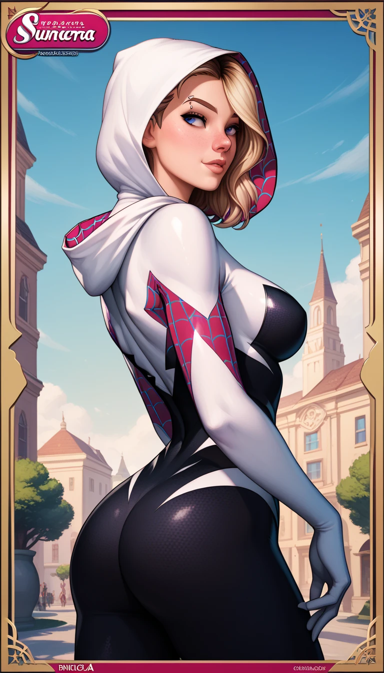 ((best quality)), (highly detailed:1.2), masterpiece, ((official art)),1girl, solo,beautiful face, symbiote,spider gwen,SVGM,hood, completely black clothing, looking to the side, body to the side, the body is to the side, she's standing, pernas abertas, bernas grossas, bunda grande, peitos grandes,