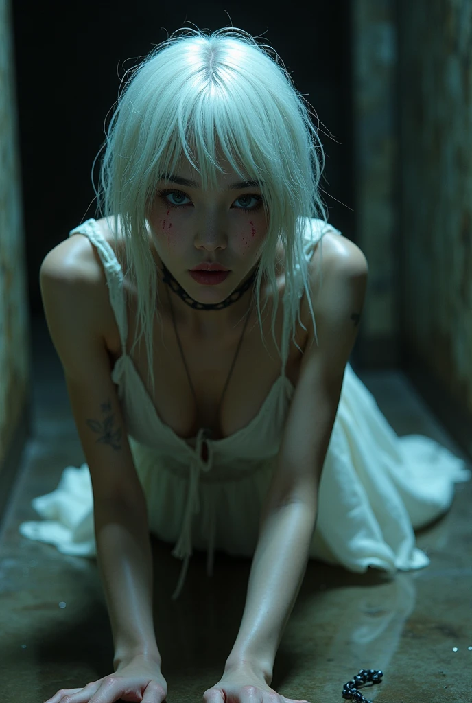 Girl with long white hair with blue tips, small, with a little big chest, yandere personality, eyes with hearts and a knife, that it is in the middle of a dark basement