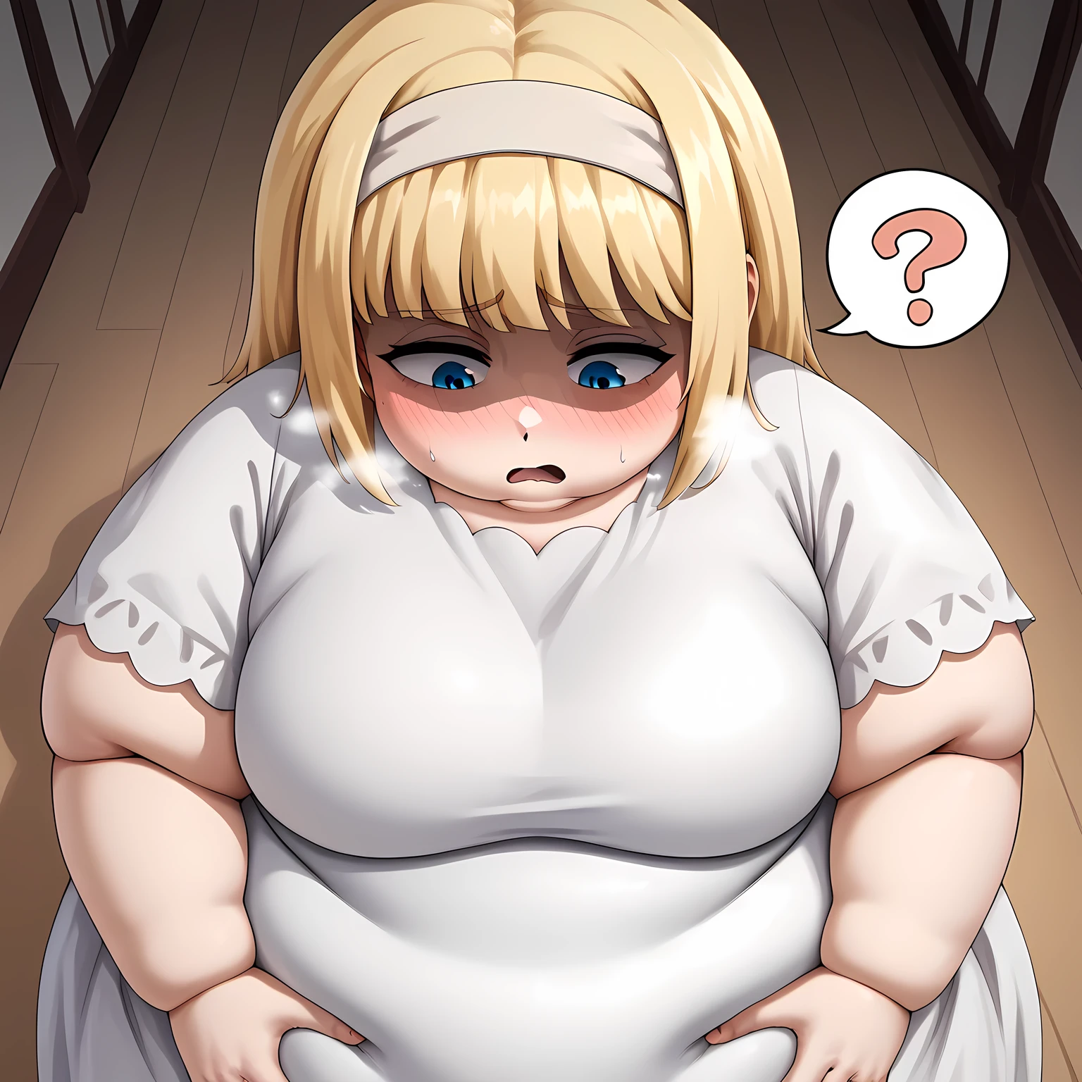 score_9, score_8_up, score_7_up, ymir fritz,1girl, solo, hairband, blonde hair, bangs, medium hair,shaded face,white dress, short sleeves, room, ,, blue eyes, looking down, hand on own stomach swollen face, fat, chubby, obese, open mouth, out of breath, absurdres, highres icon, rating:General, confused, blush, spoken question mark, {flustered}, nervous sweating, portrait, pov hands, hand on another's cheek, averting eyes, [looking away], straight-on, from above,  upper body, masterpiece, best quality, ultra-detailed, high resolution, 8K, absurdres, highres icon,