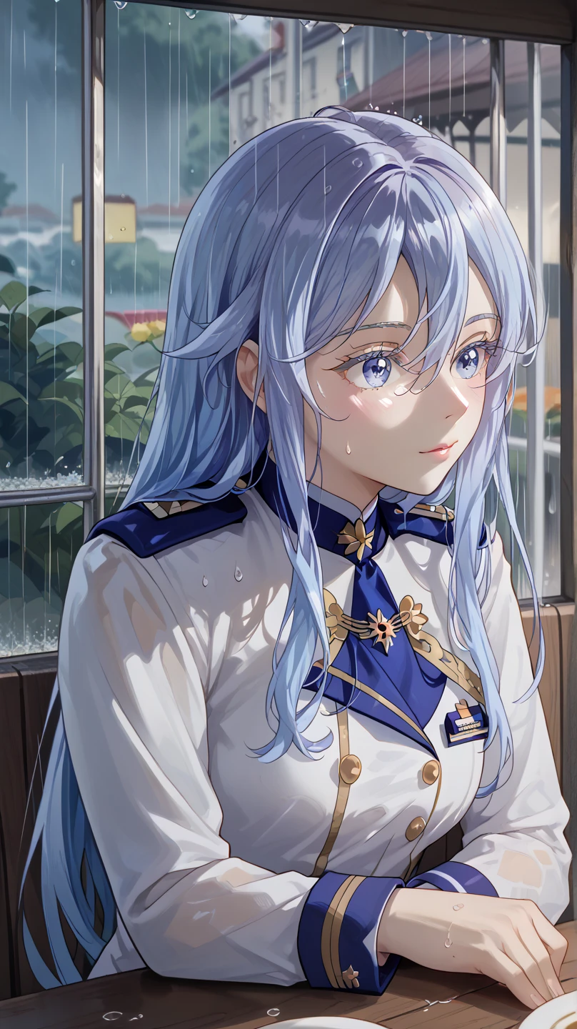 (Vladilena Milize), ((cute)), (Vladilena), light blue hair, blue eye, anime style, blue and white uniform, sitting in cafe, (looks away), close up, rainy, supports head, pov