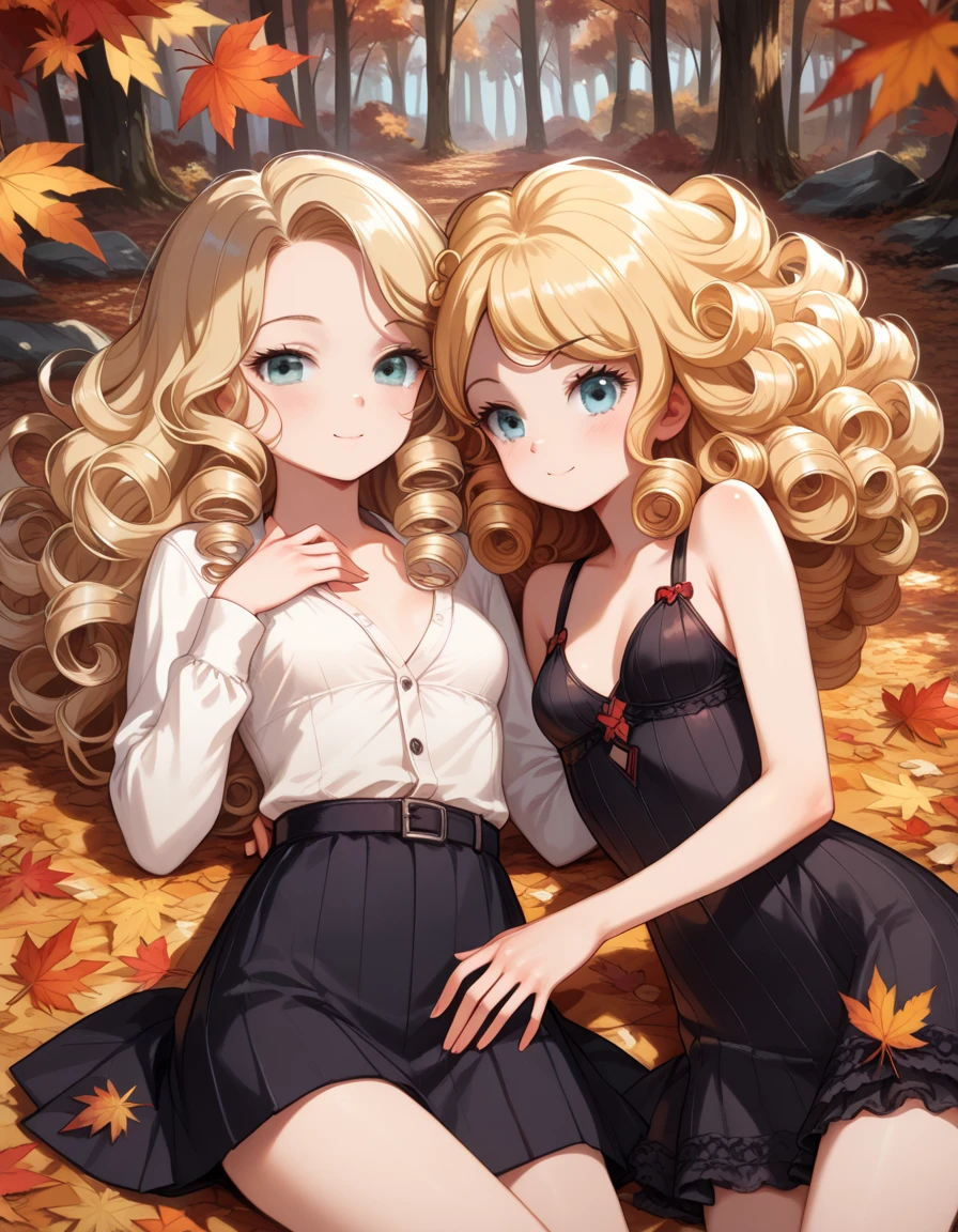 2GIRL affectionate, dynamic, two beautiful women, (((1 woman long black curly hair, small breasts, slim))), (((1 woman long blonde hair, curly hair, small breasts))) spectacular autumn forest background , dynamic pose, nudes  they play, lying down, between leaves, manga style