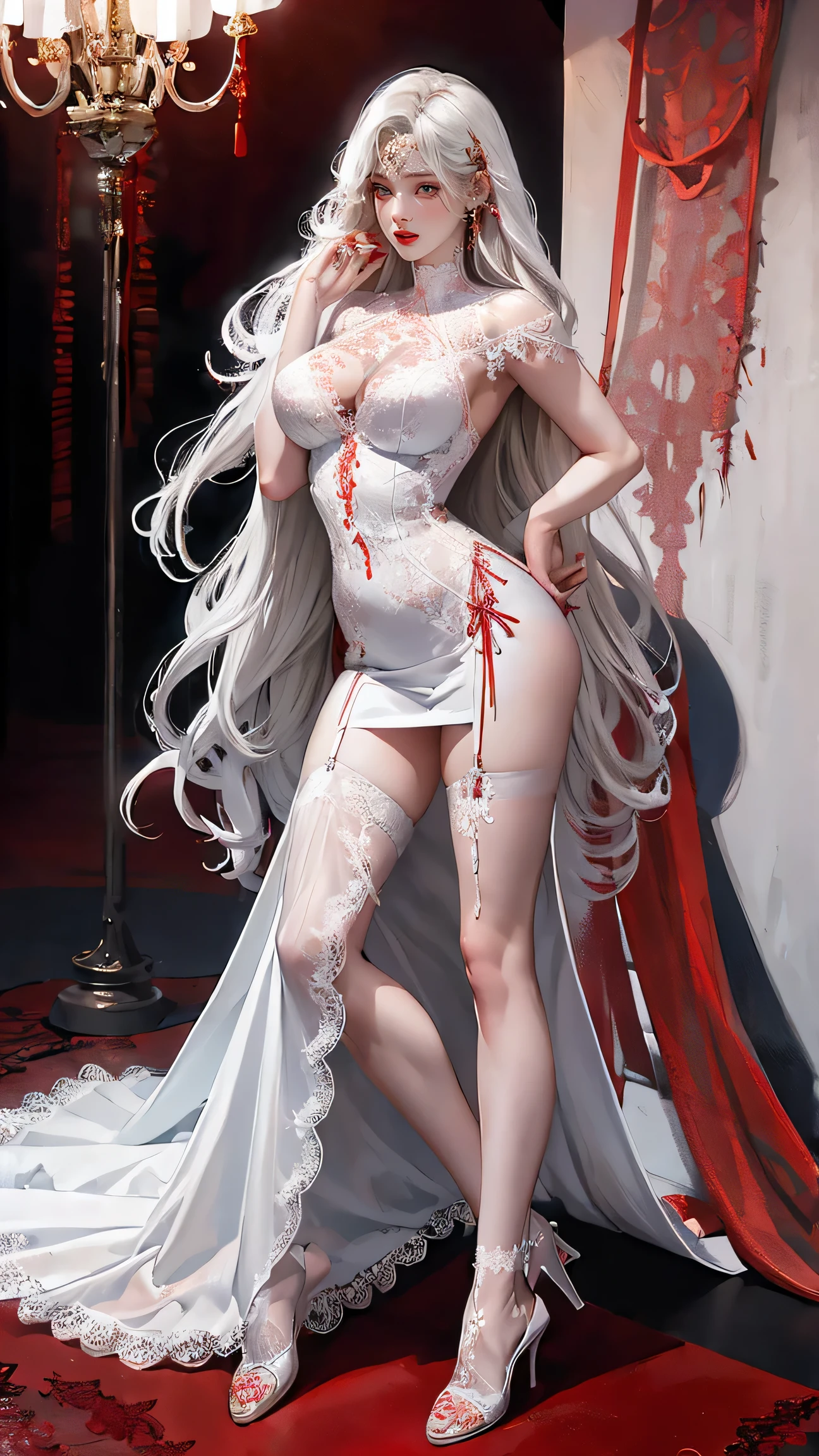 ((the Extremely Detailed CG Unity 8K Wallpapers)), masutepiece, Ultra-detailed, floating,,High resolution, Sexually suggestive, (Petite, ridiculously long gray hair, Princess, White Devil Taoism, Blue eyes, (White and red see-through gorgeous panties、Long sleeves and intricate embroidery), Bridal Veil, circlet, bridal gauntlets, Blushing, Shy,Glamorous Bra,Skinny Legs,Body with soft surface,White panty,Open your crotch,embarrassed from,Wear red pin heels,low angles,Tie your hands with a rope,Crucified,Tied up with a rope,