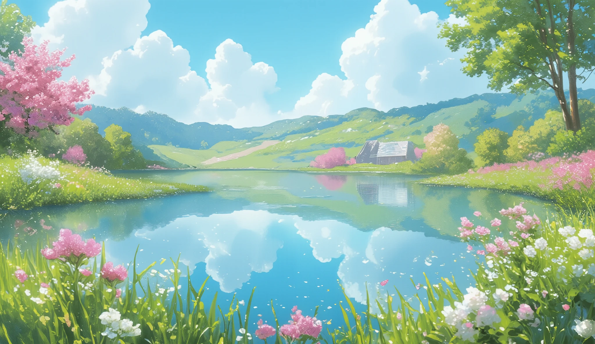 a beautiful spring lake, lush green grass, blooming pink and white flowers, sunlight sparkling on the calm water, serene and peaceful atmosphere, detailed realistic style, high resolution, photorealistic, professional quality, vivid colors, natural lighting, atmospheric perspective