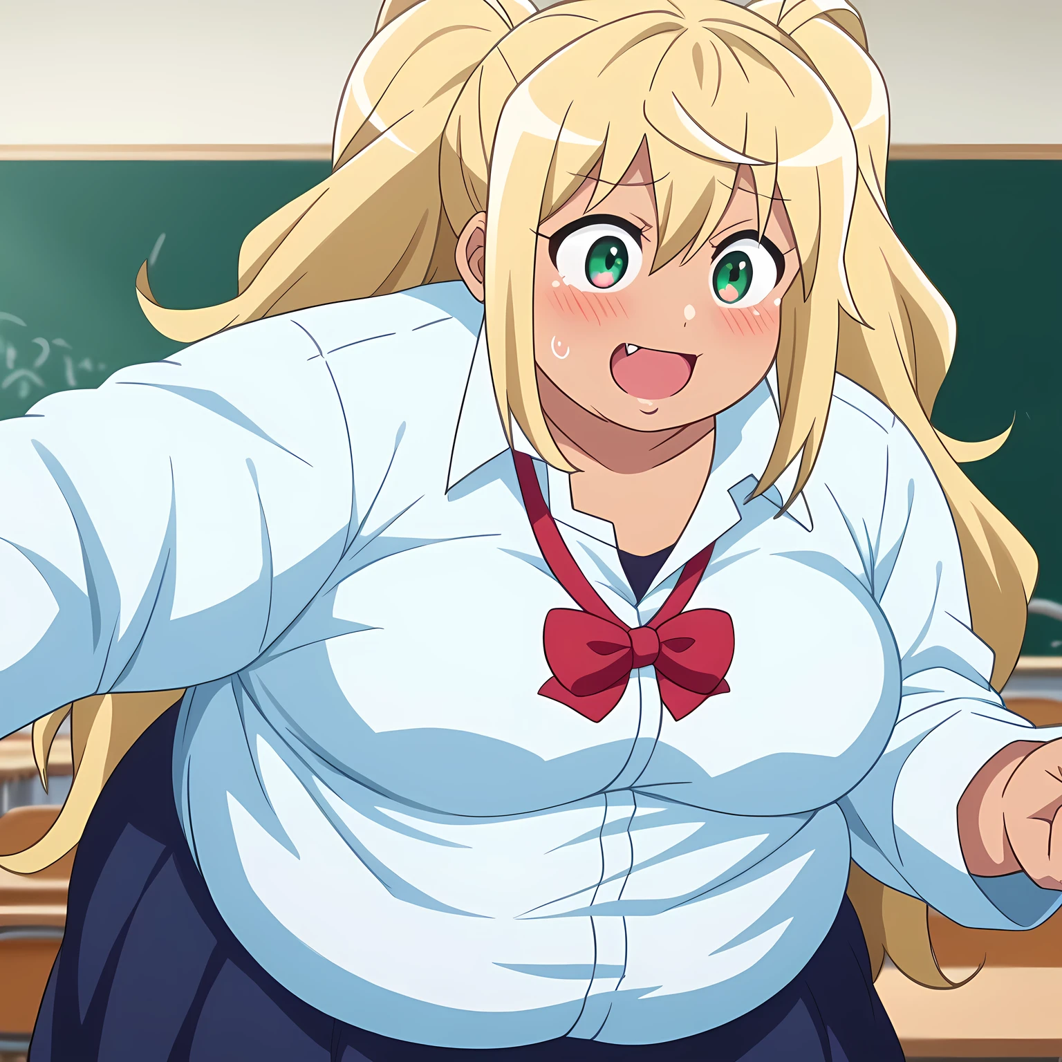 score_9, score_8_up, score_7_up, source_anime,
hibikisakura, hibiki sakura, long hair, blonde hair, hair between eyes, twintails, green eyes, fang, dark skin, dark-skinned female, gyaru, mature female,
skirt, shirt, bow, , white shirt, short sleeves, collared shirt, bowtie, red bow, red bowtie,
indoors, classroom, smile, bent over,
looking at viewer, dutch angle, cowboy shot bulging belly, fat, chubby, obese, open mouth, out of breath, absurdres, highres icon, rating:General, blush, {flustered}, nervous sweating, averting eyes, [looking away], straight-on, swollen face, masterpiece, best quality, ultra-detailed, high resolution, 8K, absurdres, highres icon,