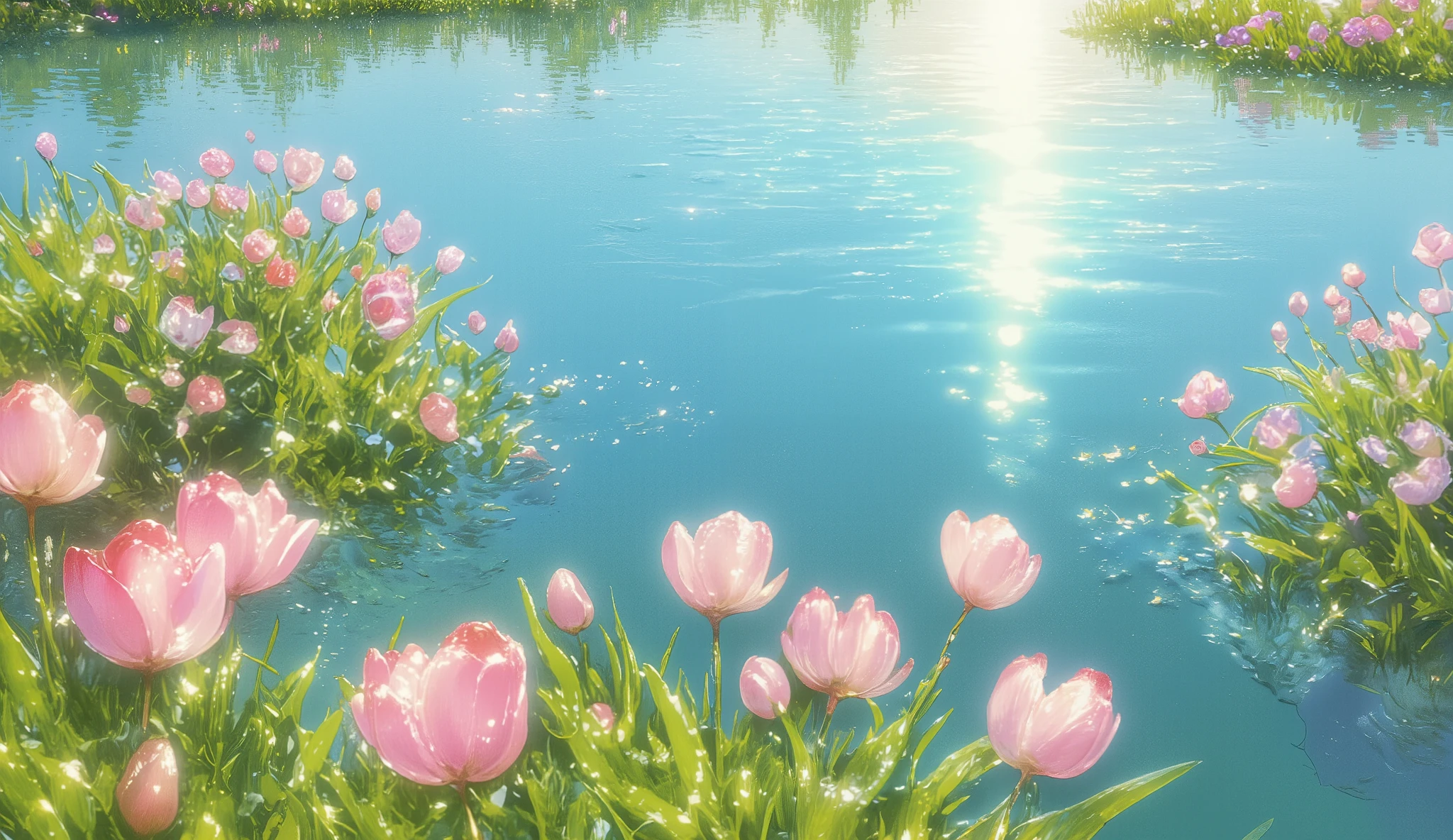 a beautiful spring lake, lush green grass, blooming pink and white flowers, sunlight sparkling on the calm water, serene and peaceful atmosphere, detailed realistic style, high resolution, photorealistic, professional quality, vivid colors, natural lighting, atmospheric perspective