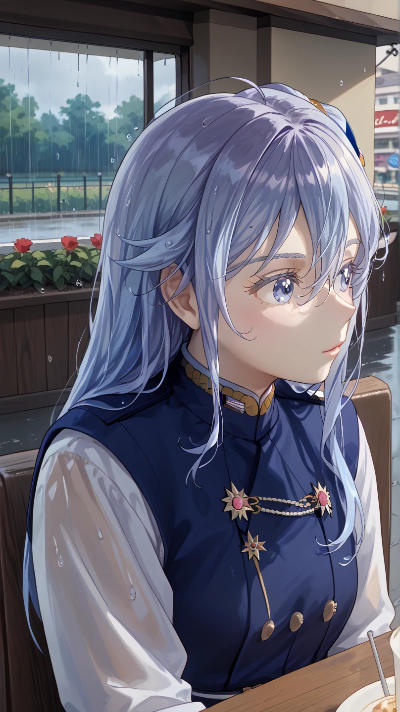 (Vladilena Milize), ((cute)), (Vladilena), light blue hair, blue eye, ((anime style)), white shirt, blue cloth elements, military elements, sitting in cafe, looks away, close up, rainy, supports head with hand