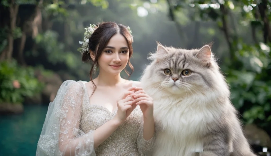 A beautiful lady and a super big cute cat, holding each others hand, in a magical , photography, realistic, highly detailed 

