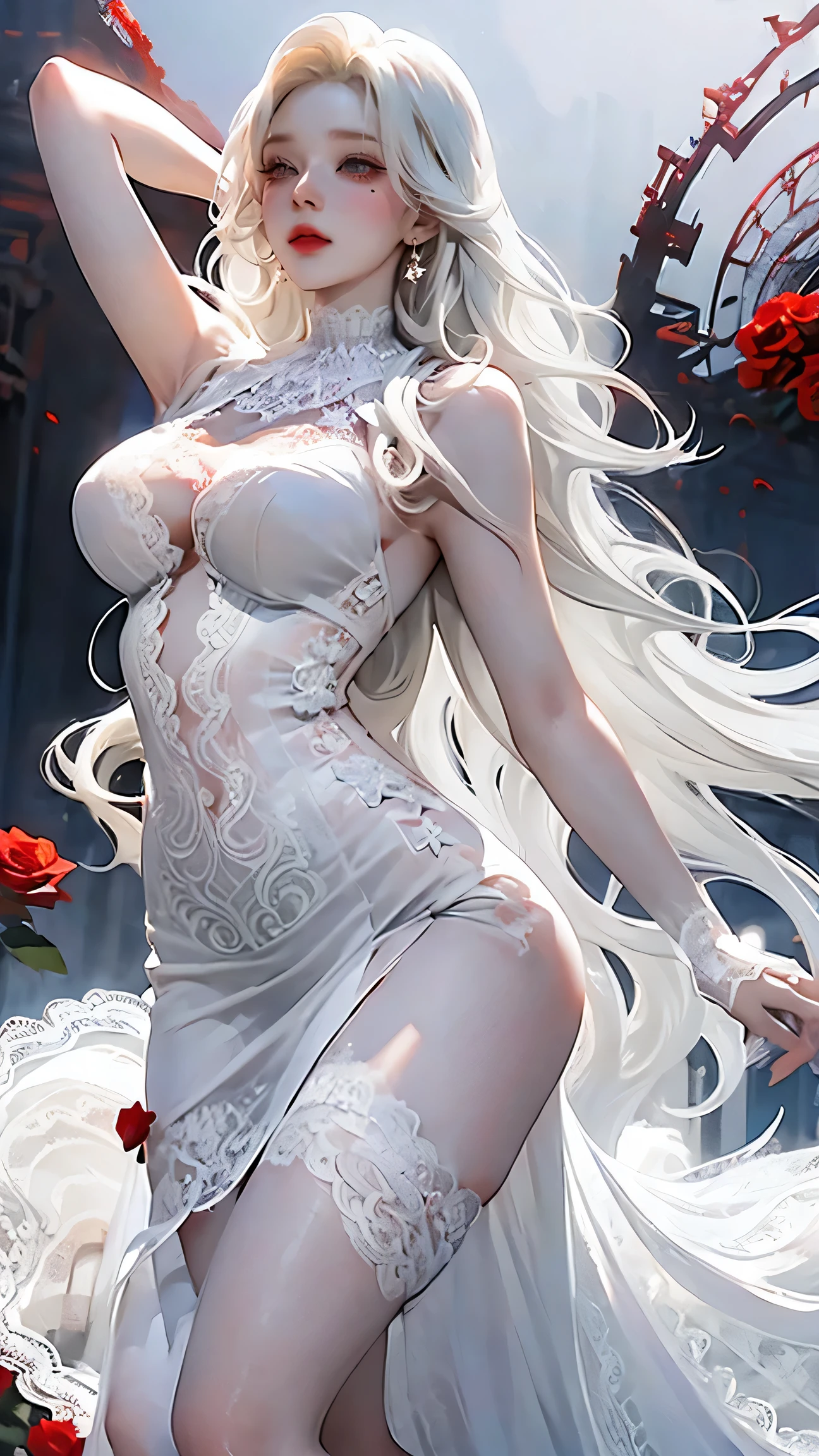 watercolor anime comic art woman vampire, Exquisite beauty, full body shot , dark glamour shot , Big Breasts, Pale skin, blonde, Long Hair, wavy hair in front of the station , Blood Red Lips , Glowing grey eyes, she (white lace dress: 1.3) Exquisite, beautiful, half sheer dress, ((white lace: 1.5)) dress ( intense details , masterpiece, best quality: 1.2), the roses are imprinted on the dress (black: 1.4) high heels, Dark Castle