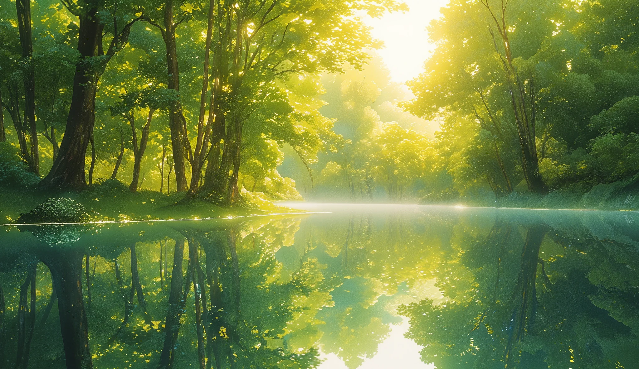 a beautiful serene lakeside landscape in summer, lush green trees, tranquil lake, sunlight filtering through leaves, reflection of trees on water, picturesque scenery, calming atmosphere, idyllic nature, photorealistic, highly detailed, vibrant colors, warm lighting, 8k, best quality