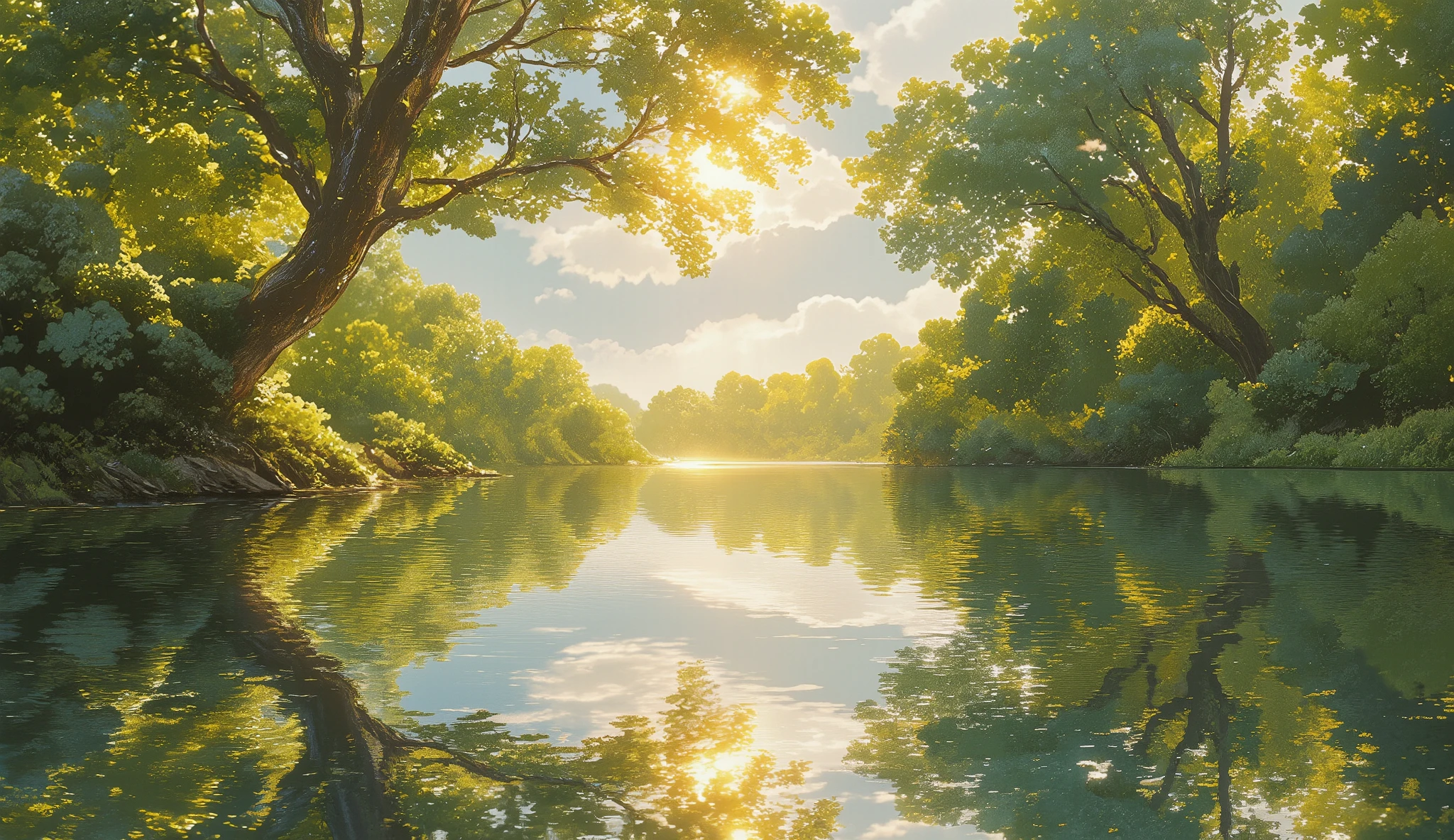 a beautiful serene lakeside landscape in summer, lush green trees, tranquil lake, sunlight filtering through leaves, reflection of trees on water, picturesque scenery, calming atmosphere, idyllic nature, photorealistic, highly detailed, vibrant colors, warm lighting, 8k, best quality