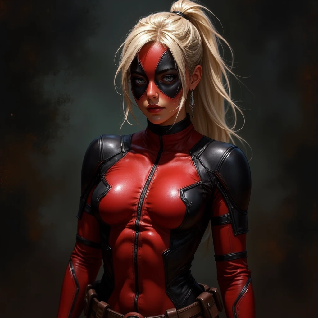 Lady Deadpool, Beautiful blonde with her hair tied in a ponytail that comes out of the mask,  athletic physique and classic red and black costume completely open on the breast.   Luis Royo style .