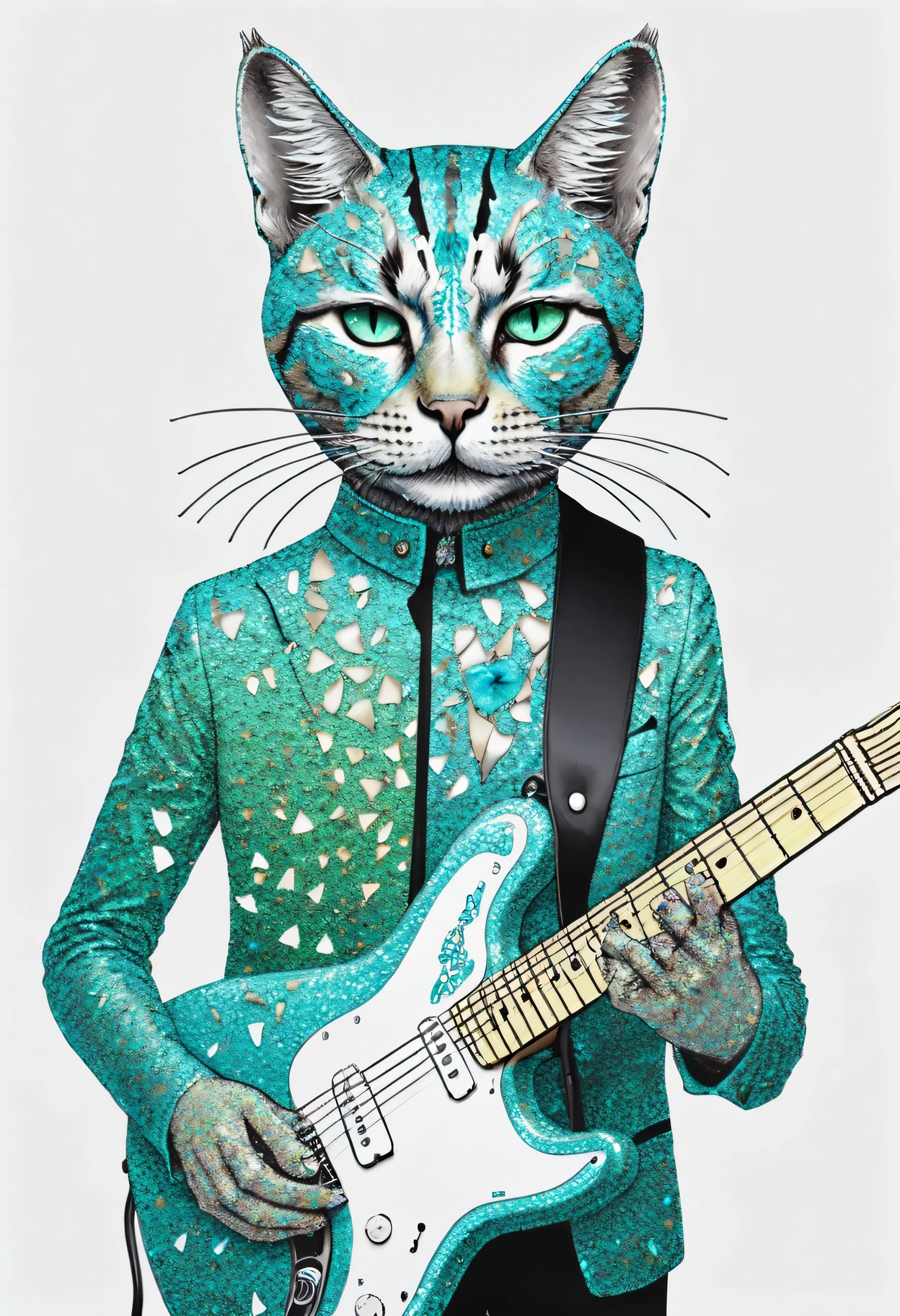  Nova Chroma Style Glitter,Split Composition ,  Cat Face Rock Guitarist 、Cat playing guitar、Realistic、 illustrator、 green and light blue style、 white background 、Detailed write-up、 anatomically accurate 、Accurate guitar depiction、