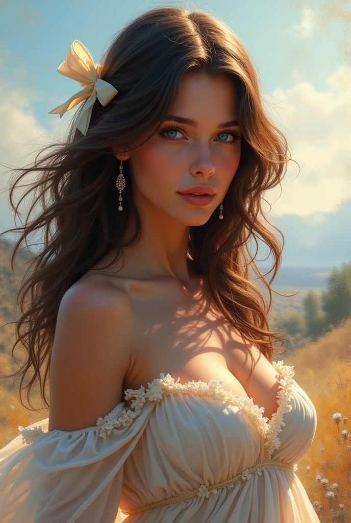 Top quality, 30 year old woman, big breasts, long brown hair, blue eyes,sunset, upper body, sexy, angel,nude, big pussy,  coming out of her pussy, god rays, fluffy clouds, colorful flower field- colorful,