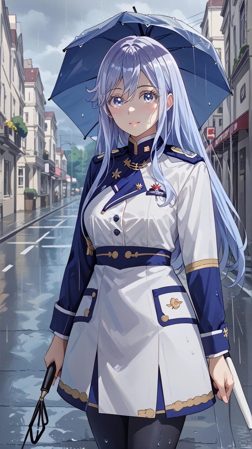 (Vladilena Milize), ((cute)), (Vladilena), light blue hair, blue eyes, anime style, blue and white uniform, standing on the road, holding umbrella, rainy