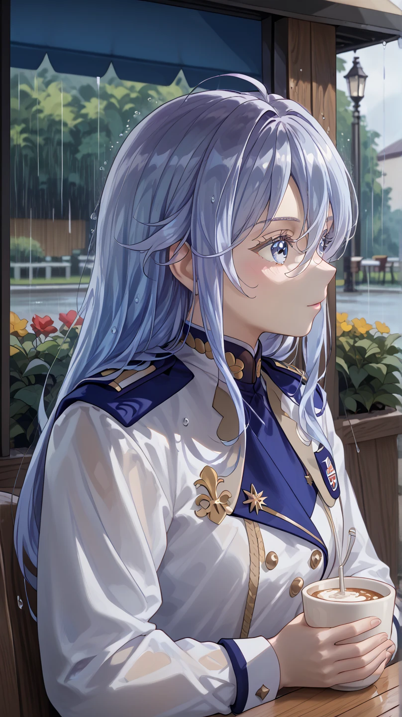 (Vladilena Milize), ((cute)), (Vladilena), light blue hair, blue eye, anime style, blue and white uniform, sitting in cafe, (looks away), close up, rainy, holding a cup