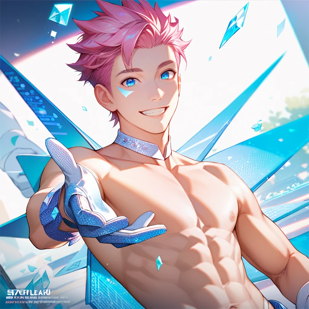 ultra detailed, master piece, best quality, cinematic angle, motion lines, focus male, detailed eyes, detailed hands, white skin male, young male, cute face, whole body, muscle, pink hair, expressive light blue eyes, shirtless, pale blue musical note, pale blue glitter, white choker, white gloves, smile, white thong, night back ground, posing, bulge, looking at viewer, five-fingered hand