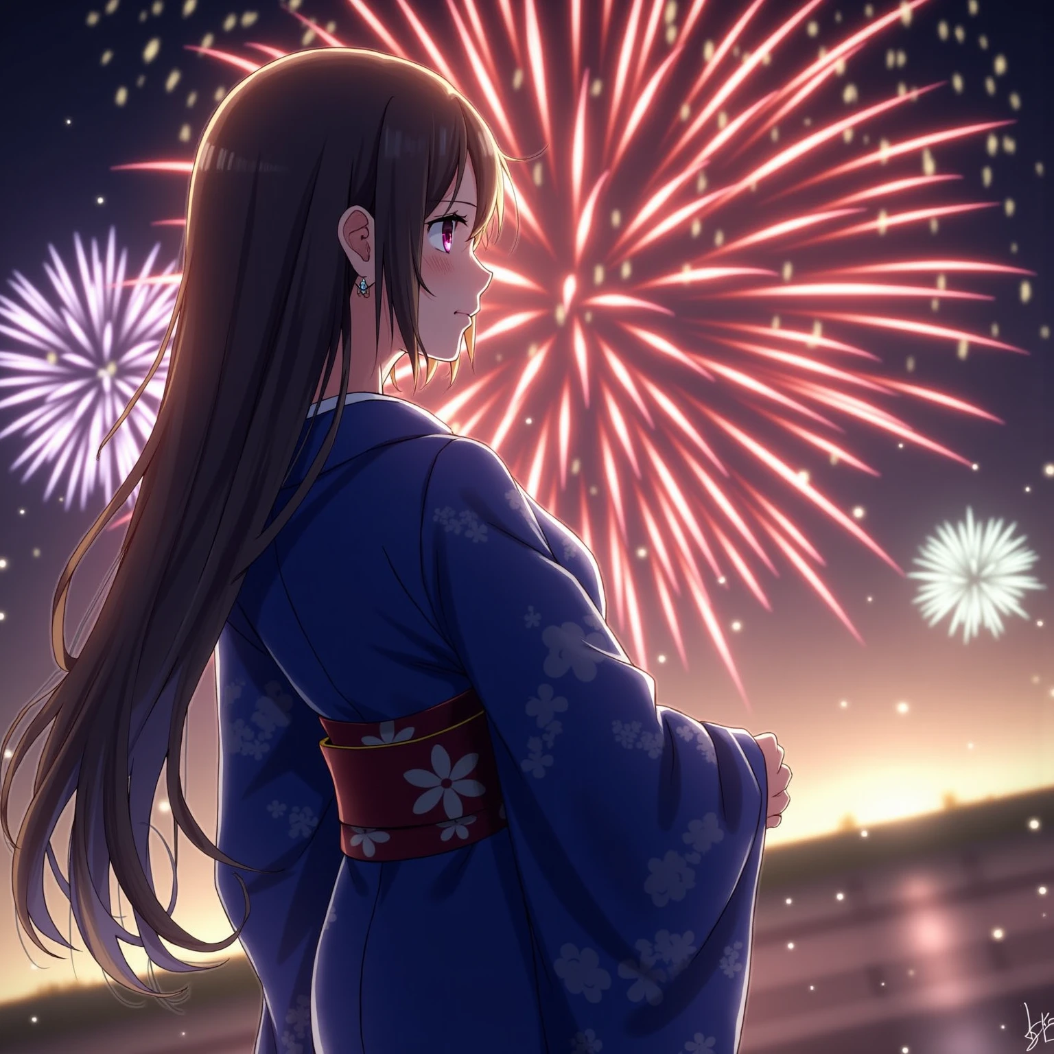 long hair, real, Blue yukata, back view, high definition , The background is fireworks