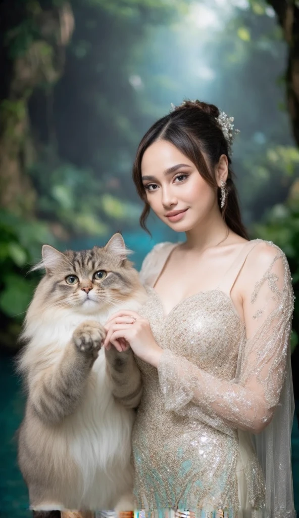 A beautiful lady and a super big cute cat, holding each others hand, in a magical , photography, realistic, highly detailed 

