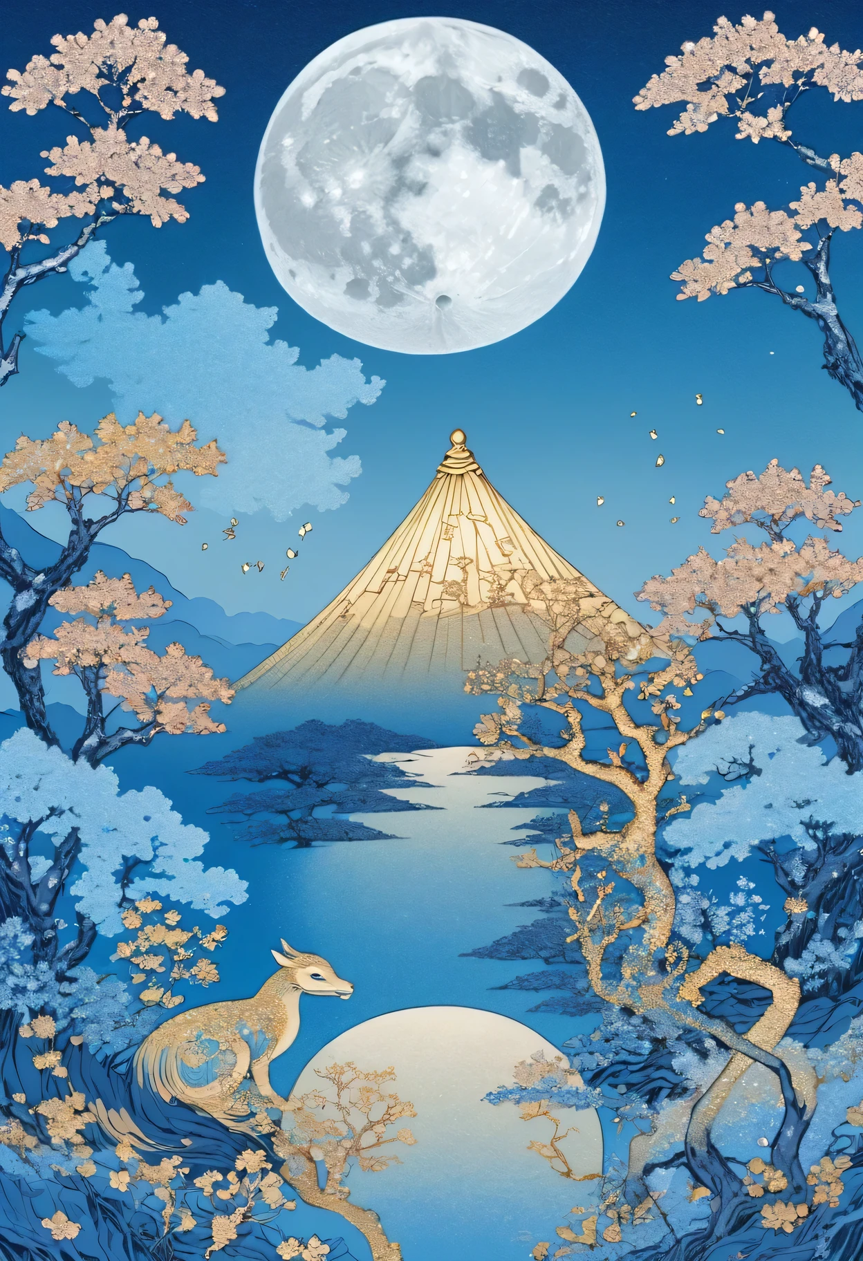  Nova Chroma Style Glitter,Split Composition ,Mid-Autumn Festival，Gourmet{{Shumai}}， Japanese sake ，Full moon in the distance， blue gradient background， Anatomically Correct， High Quality , 最 High Quality ,  high definition ,  Ultra High Definition、Real Taste、 Surrealism 