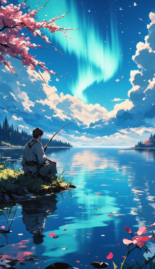 a man is fishing at a tranquil lake. sakura petals are raining in. the sky is filled with aurora. the lake has a clear reflection of the environment.