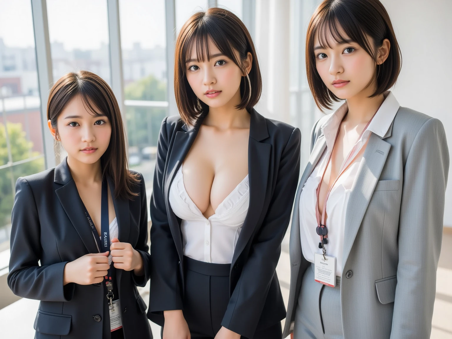 suit,2 lady,realistic,(ultra quality:1.2),japanese,high quality,masterpiece,(ultra detailed:1.4),60yo japanese lady,beautiful face,(real bra under suit:1.0),(skirt-suit:1.1),((office)),(small breast:1.4),slender,highres,