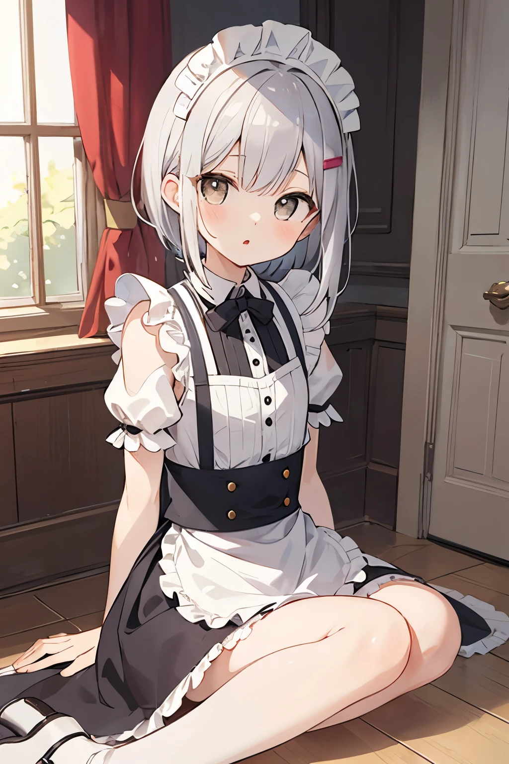 ((masterpiece)), ((best quality)), ((highres)), ((extremely detailed CG unity 8k wallpaper)), solo, Toujo koneko, cabelo branco , orelha de gato, nekopara outfit, white apron, blush, perverted, bathroom, white leggings, smile, cat pupils, slit pupils, cat eyes, purple tail
