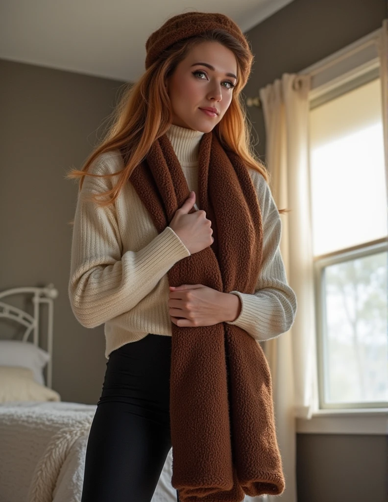 amouranth, standing, wearing sport leggings, wearing fluffy ribbed turtleneck sweater, looking at viewer, wearing long thick winter scarf, in bedroom