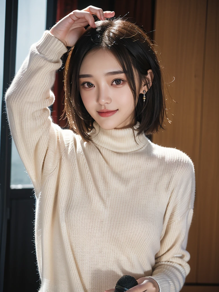 Knitted sweater with turtleneck、Faces close、bending forward、extra detailed face、Professional lighting for the face、Wet and shiny skin、Photorealsitic、Outstanding smile、(in 8K) ,Detailed skin、Detailed hair strands、 master piece, (No retouching, Lip gloss, False eyelashes, Real Skin, of the highest quality, 超A high resolution, depth of fields, chromatic abberation, Caustics, Wide Lighting, Natural Shading))Korean Idols、Live action、Sauce order、Japanese Models, Shot with Canon EOA 6 D Mark II, taken with canon eos 5 d mark iv, Young Gravure Idol,